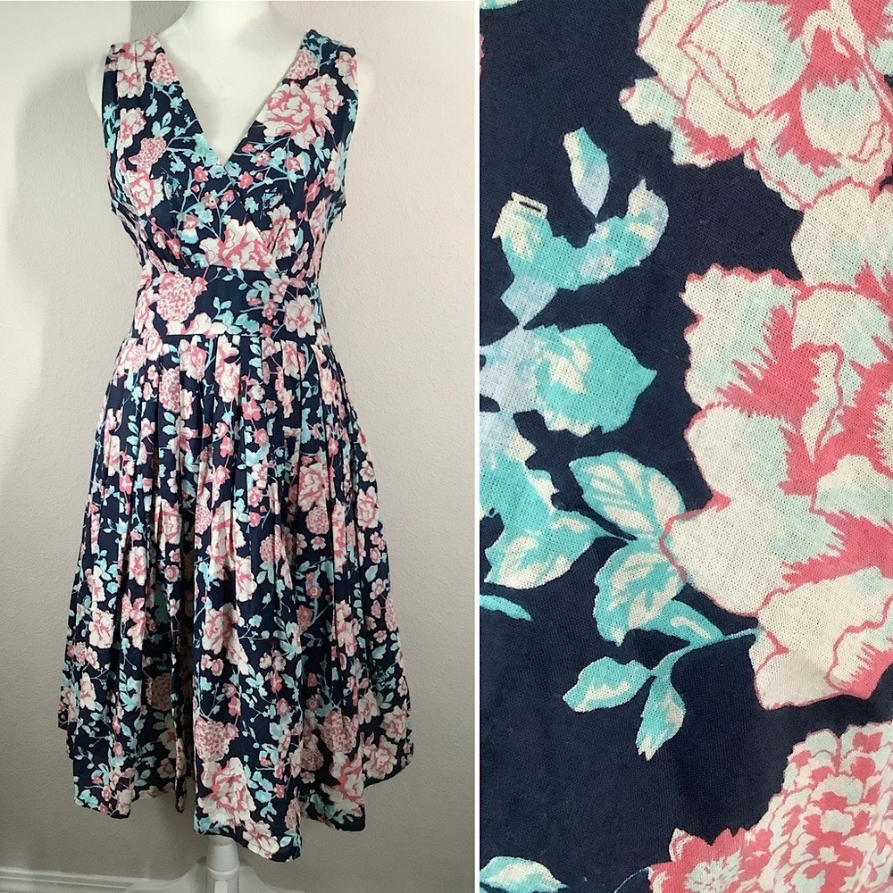 DIVA DOLLZ Fit & Flare Floral Cotton Dress M Retro Pinup Cottagecore Boho Navy - Picture 6 of 14